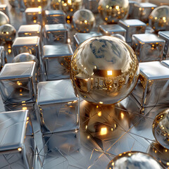 3D gold balls on a background of 3D silver cubes. Creative, geometric design of interior, facade, exhibition space for presentations, sales. Business idea for decorating a building or studio. Modern, 