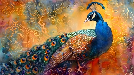 Fototapeta premium Majestic Peacock in Vibrant Watercolor Backdrop with Shimmering Iridescent Feathers