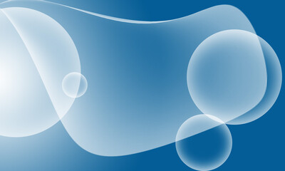 Bubbles, circles, liquid, floating on blue background with gradient and copy space.