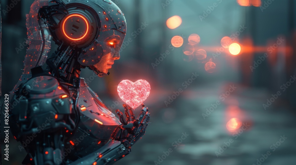 Wall mural ai companion concept - delicate balance of sweet romance and technological risk, female cyborg robot