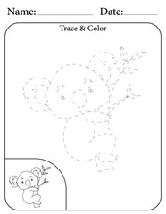 Koala Printable Activity Page for Kids. Educational Resources for School for Kids. Kids Activity Worksheet. Trace and Color the Shape