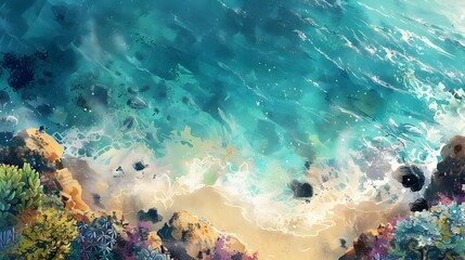 Enchanting Aerial View of Sun-Kissed Coastal Landscape with Watercolor Marine Overlay