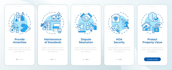 HOA benefits blue onboarding mobile app screen. Walkthrough 5 steps editable graphic instructions with linear concepts. UI, UX, GUI template. Montserrat SemiBold, Regular fonts used