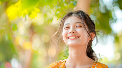 Fototapeta premium Woman smiling with perfect smile and white teeth in a park .Generative AI