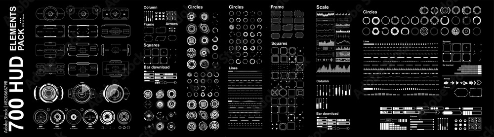 Poster Big set vector elements for futuristic HUD virtual user interface. Mega set of futuristic elements of geometric shapes, frames and sights
