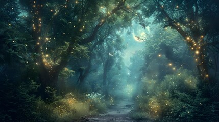 Obraz premium Enchanting Moonlit Magical Forest with Glowing Fireflies and Ethereal Atmosphere for Fantasy Book Cover