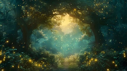 Enchanting Moonlit Forest Backdrop with Magical Creatures and Glowing Fireflies