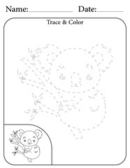 Koala Printable Activity Page for Kids. Educational Resources for School for Kids. Kids Activity Worksheet. Trace and Color the Shape