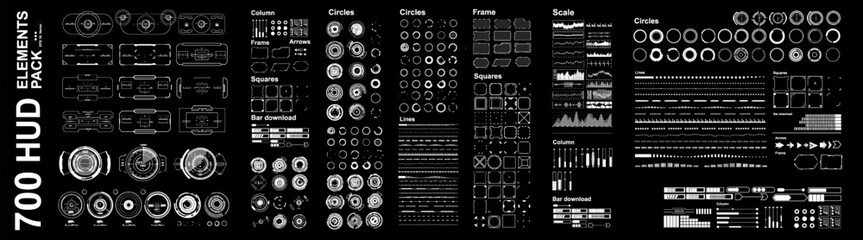 Big set vector elements for futuristic HUD virtual user interface. Mega set of futuristic elements of geometric shapes, frames and sights
