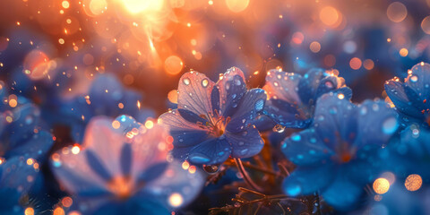 A close up of a field of blue flowers with water droplets on them