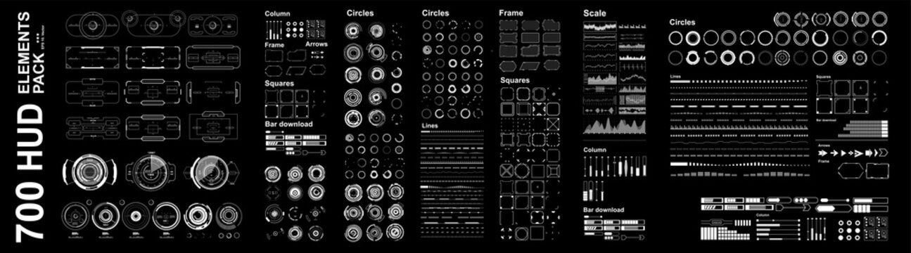 Big set vector elements for futuristic HUD virtual user interface. Mega set of futuristic elements of geometric shapes, frames and sights