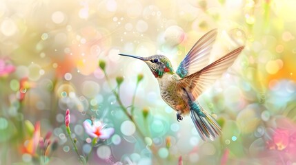 Naklejka premium Detailed Watercolor Hummingbird in Floral Flight for Nature-Themed Designs