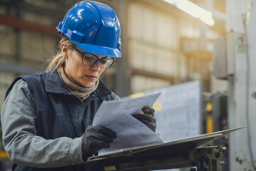 European woman metalworker in factory wearing a blue helmet and safety glasses is reading a piece instructions on blueprint
