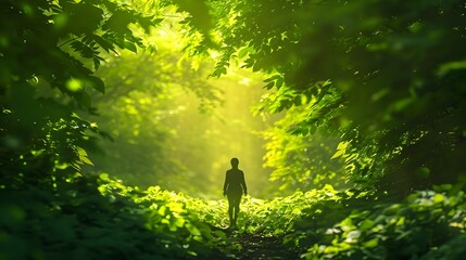 Tranquil Solitary Figure Framed by Lush Green Forest Foliage in Soft Filtered Sunlight