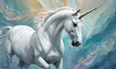 Fantasy Illustration of a wild unicorn Horse. Digital art style wallpaper background in pastel colors.
