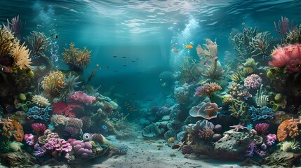 Obraz premium Enchanting Underwater Panorama of Vibrant Coral Reefs and Diverse Marine Life in a Vast Oceanic Wilderness