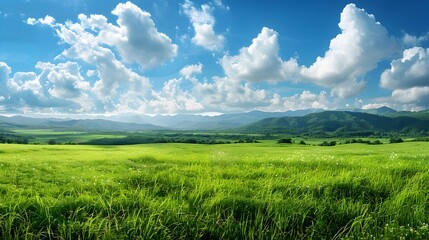 Mesmerizing Panoramic View of Serene Countryside with Lush Green Meadows and Distant Mountains under Clear Blue Sky