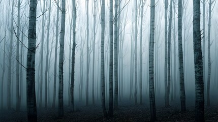Obraz premium Tall,Slender Fog-Shrouded Trees Stretching into the Misty Horizon