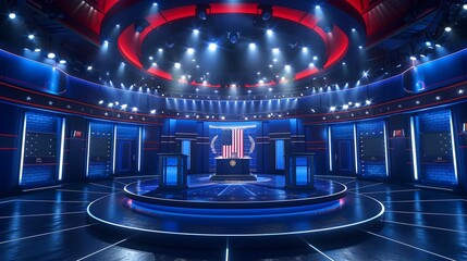 Stylized Digital Setting for a Presidential Debate with Sleek Podiums and Vibrant Lighting Effects