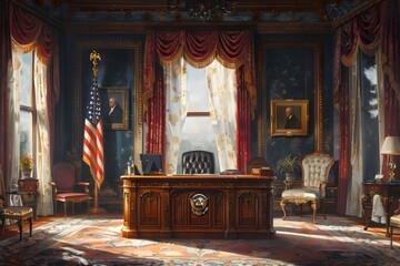 Naklejka premium Elegant and Prestigious Presidential Debate Backdrop with Intricate Architectural Elements and Ornate
