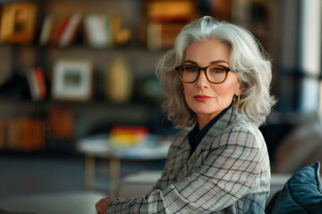 Portrait of elderly businesswoman wearing elegant check suit and stylish glasses sitting in the office , copy space