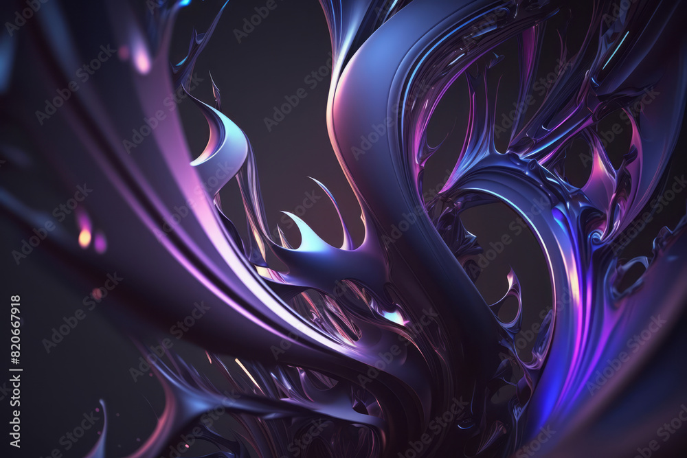 Poster purple and blue glossy wallpaper with abstract shapes. glowing wavy texture. background with curvy o