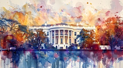 Watercolor Painting of the Iconic White House with Patriotic Silhouette Background