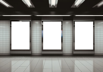 Billboards on underground wall Mockup. Vertical hoardings template in subway station. Generative Ai