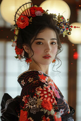 A woman wearing a traditional Japanese kimono with a red and black floral pattern. Generative AI.