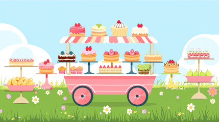 Mobile bakery trolley flat design, side view, garden party theme, animation, vivid