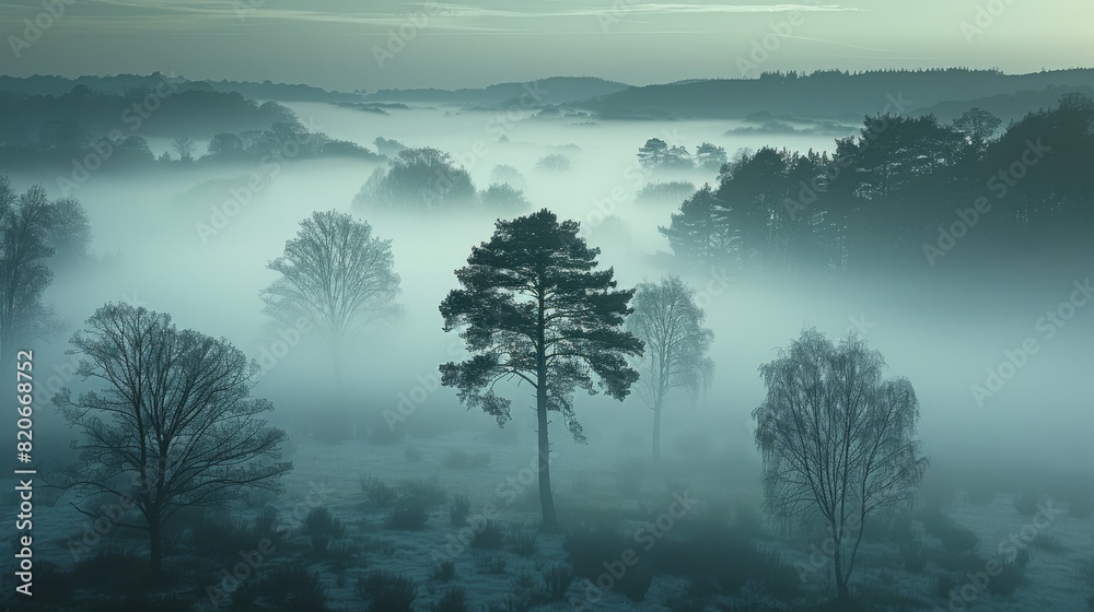 Poster a vast landscape enveloped in thick fog, where silhouettes of trees emerge mysteriously from the mis