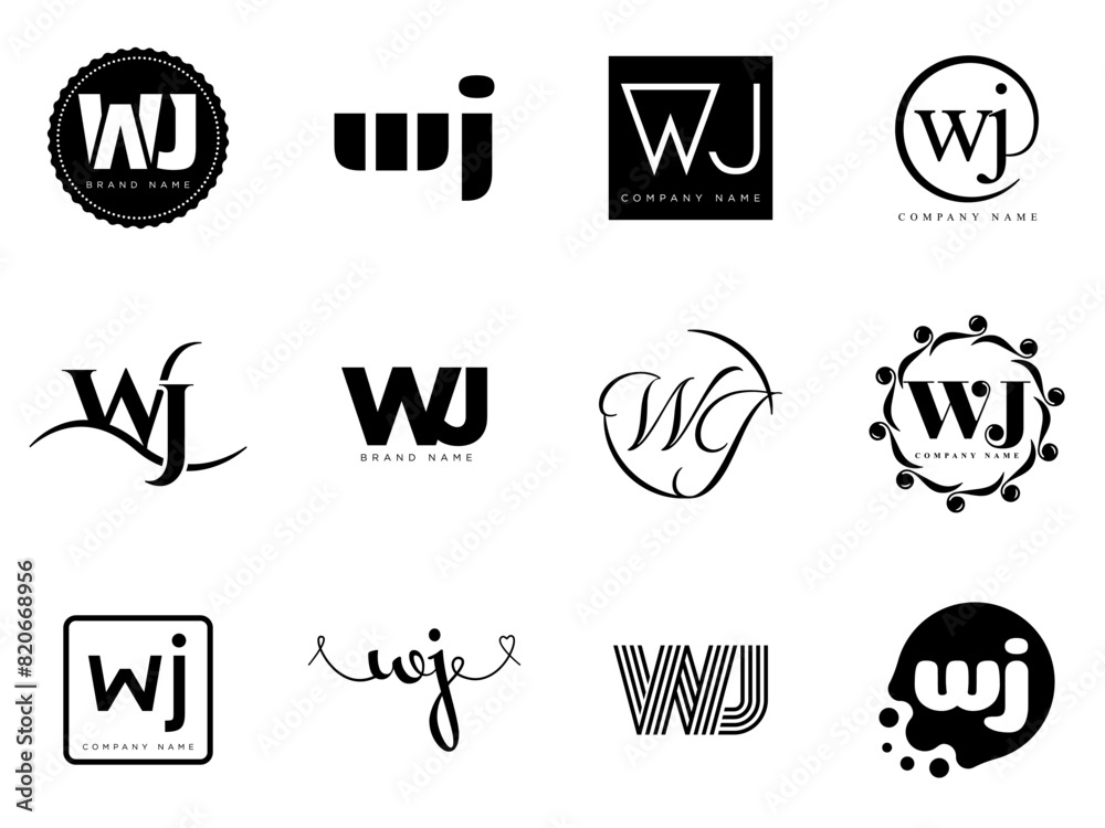 Fototapete WJ logo company template. Letter w and j logotype. Set different classic serif lettering and modern bold text with design elements. Initial font typography.