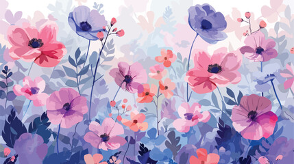 Beautiful pink purple floral garden with watercolor