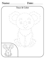 Koala Printable Activity Page for Kids. Educational Resources for School for Kids. Kids Activity Worksheet. Trace and Color the Shape