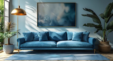 Modern interior design of blue sofa with gold pendant lamp and pastel wall, retro living room background mockup 3d rendering