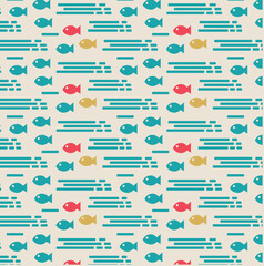 Retro abstract pattern with fishes. Sea summer pattern for print design. Seamless vector pattern. Vector background illustration.