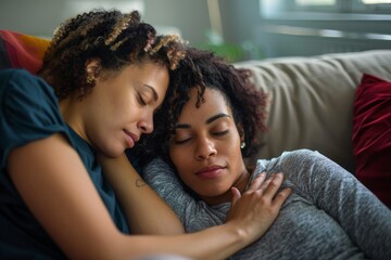 Sad biracial lesbian couple embracing and comforting, on couch in sunny living room, copy space. Depression, mental health, support, care, gay, relationship, togetherness and domestic life, unaltered.