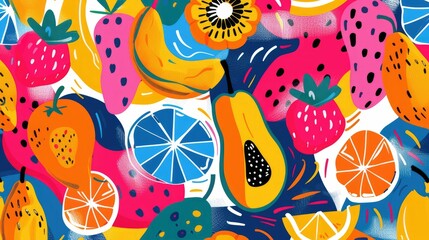 A creative art piece showcasing colorful fruit including watermelon Citrullus on a vibrant blue background. The artwork features a pattern of circles and vibrant colors AIG50