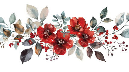 Watercolor floral bouquet winter fall red flowers lea