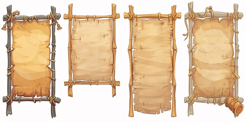 Naklejka premium Create a cartoon-style game board with bamboo frames, adorned with aged parchment paper and rope, on a white background.