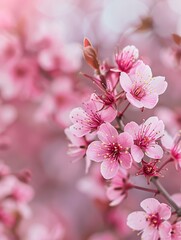 Obraz premium Blurred, rosy cherry blossoms on a nature backdrop. Flowering fruit trees in a farm setting. Floral sign for farming or gardening industry.