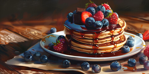 A stack of pancakes with blueberries and raspberries on top
 