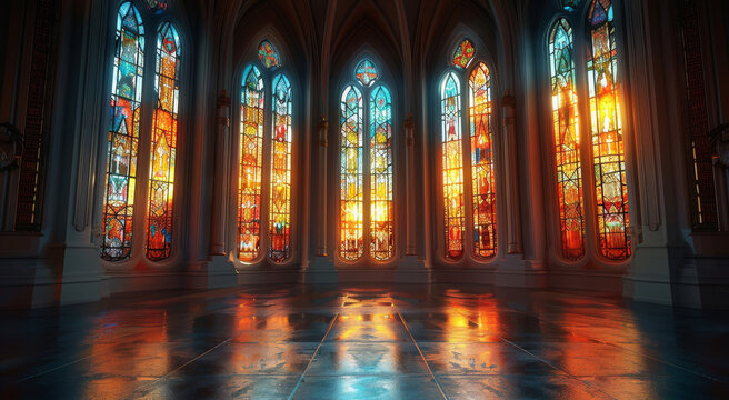 Interior design element, just the wall, dark wall with inset molding, church stained glass, with light shining in, sacred, symmetrical. Generative AI.
