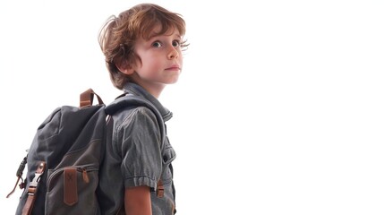 Innocent youngster with a backpack, filled with eagerness and anticipation for their first day at school, set against a transparent white background.