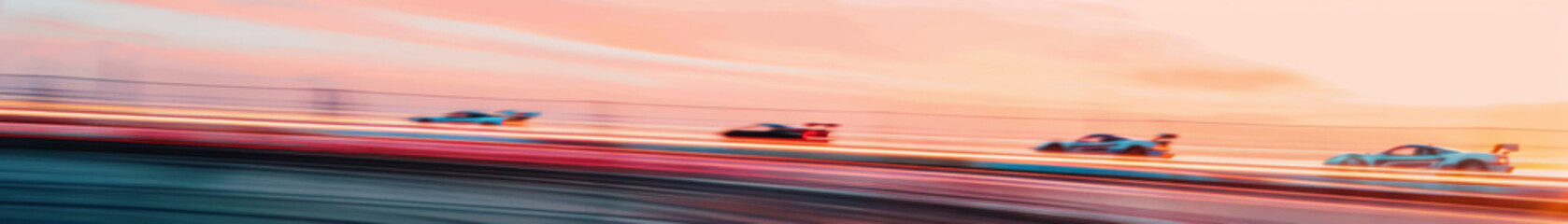 Coastal Speedway Circuit at Sunrise with Racing Cars in Motion