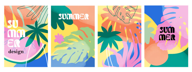 Summer abstract background. Bright colorful modern branding concept. Sale, ads, poster, card template. Exotic tropical plants, leaves.