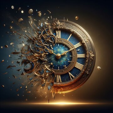 An imaginative depiction of a clock exploding into celestial elements, with detailed gears and Roman numerals amidst a dramatic background.. AI Generation