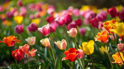 Fototapeta premium Vibrant Dutch flower fields in the bulb-growing region close to a coastal town.