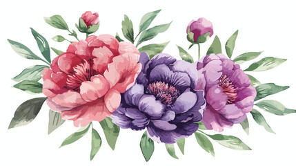 Watercolor floral peony bouquet purple red pink coral