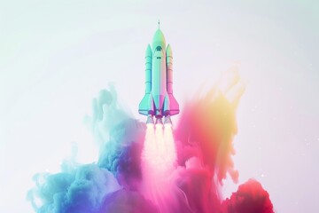 Obraz premium Minimal Vibrant Rocket Launch Illustration with Colorful Smoke Trails Ideal for Futuristic and Creative Designs